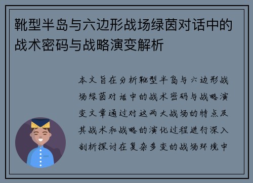 靴型半岛与六边形战场绿茵对话中的战术密码与战略演变解析